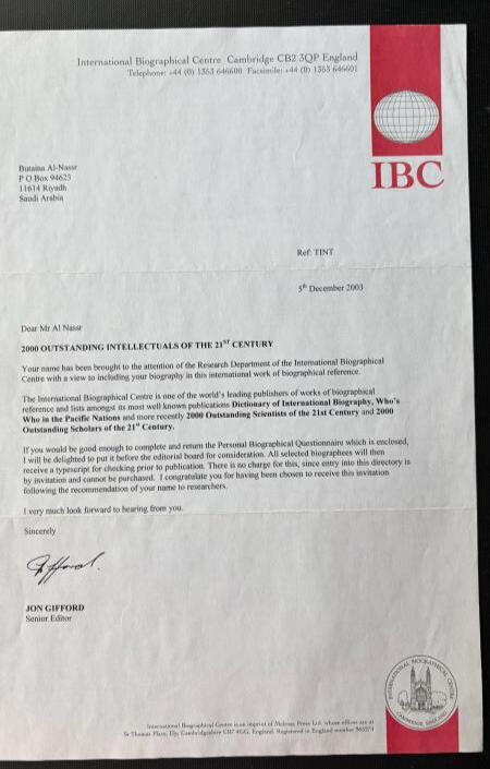 Buthaina Al Nassr - Outstanding Intellectual' by IBC.- Cambridge, United Kingdom.